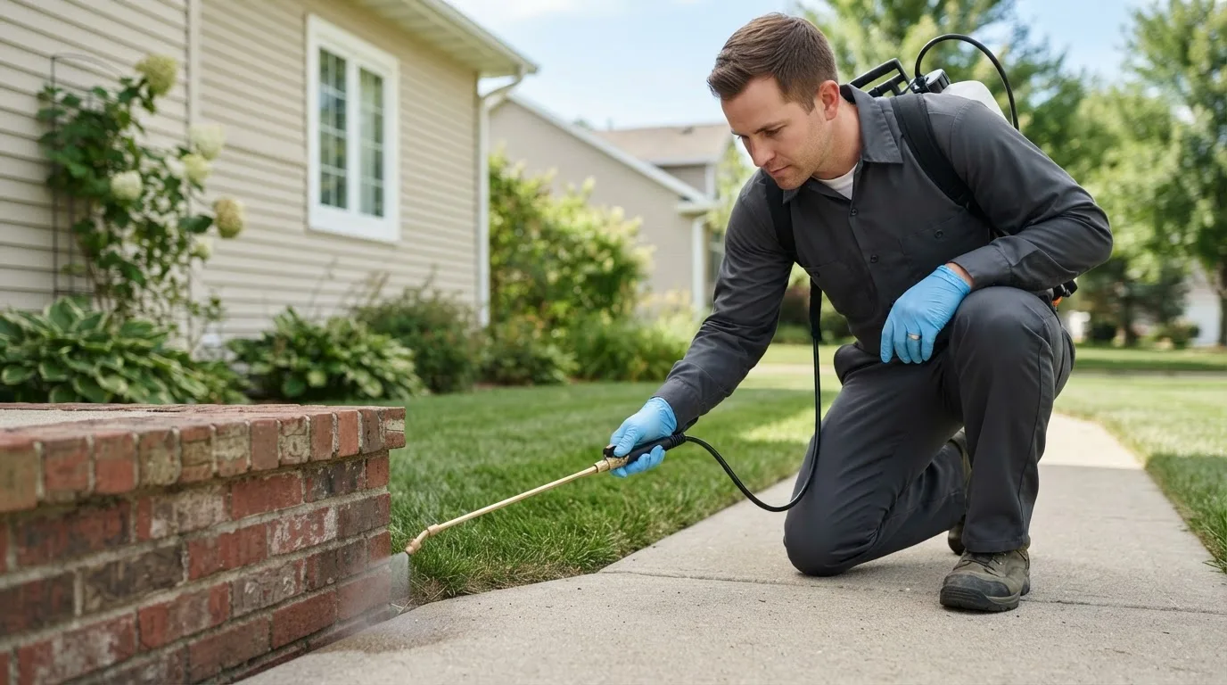 Pest control technician treating a home near Balsam Grove, NC